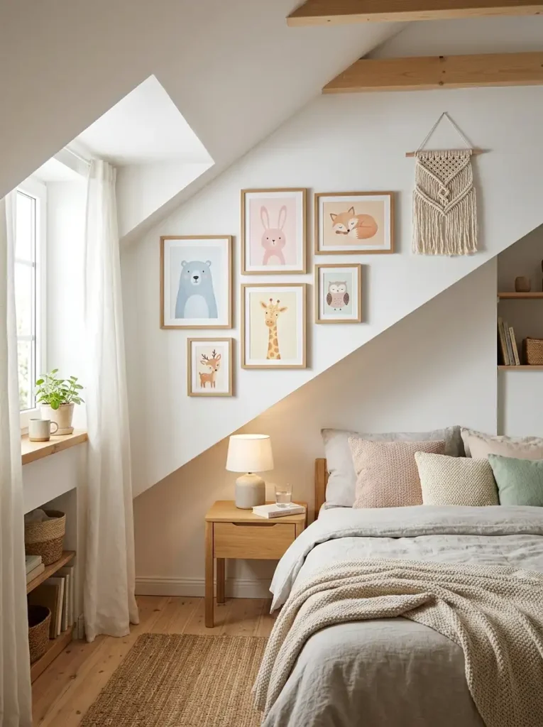 Minimalist kids bedroom gallery wall with light oak frames.