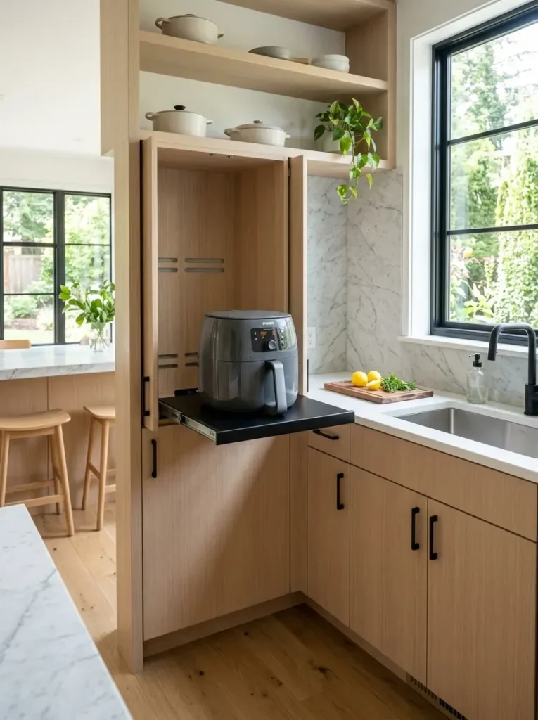 Ventilated modern appliance garage with an air fryer on a slide-out tray.