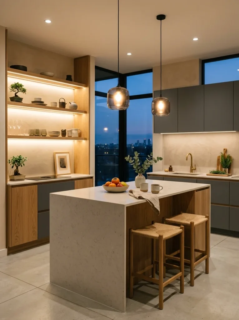 Modern kitchen featuring warm architectural lighting and sustainable kitchen decor.