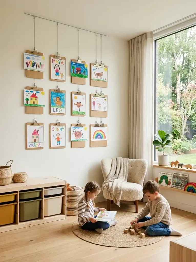 Kids bedroom gallery wall featuring clipboards and hanging art wires.