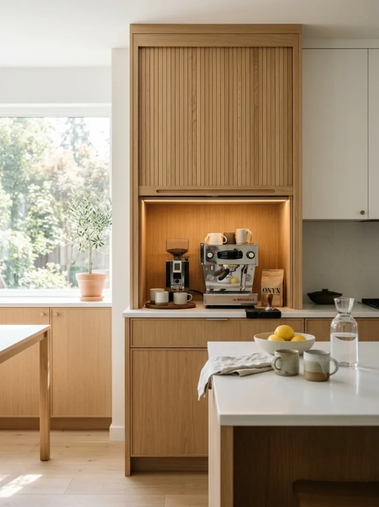 Oak tambour doors concealing a modern appliance garage on white countertops.