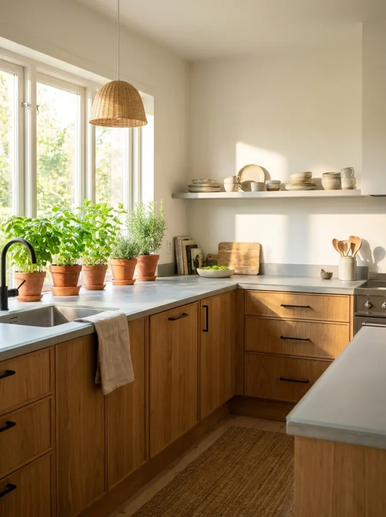 Sustainable kitchen decor featuring reclaimed oak cabinets and recycled countertops.
