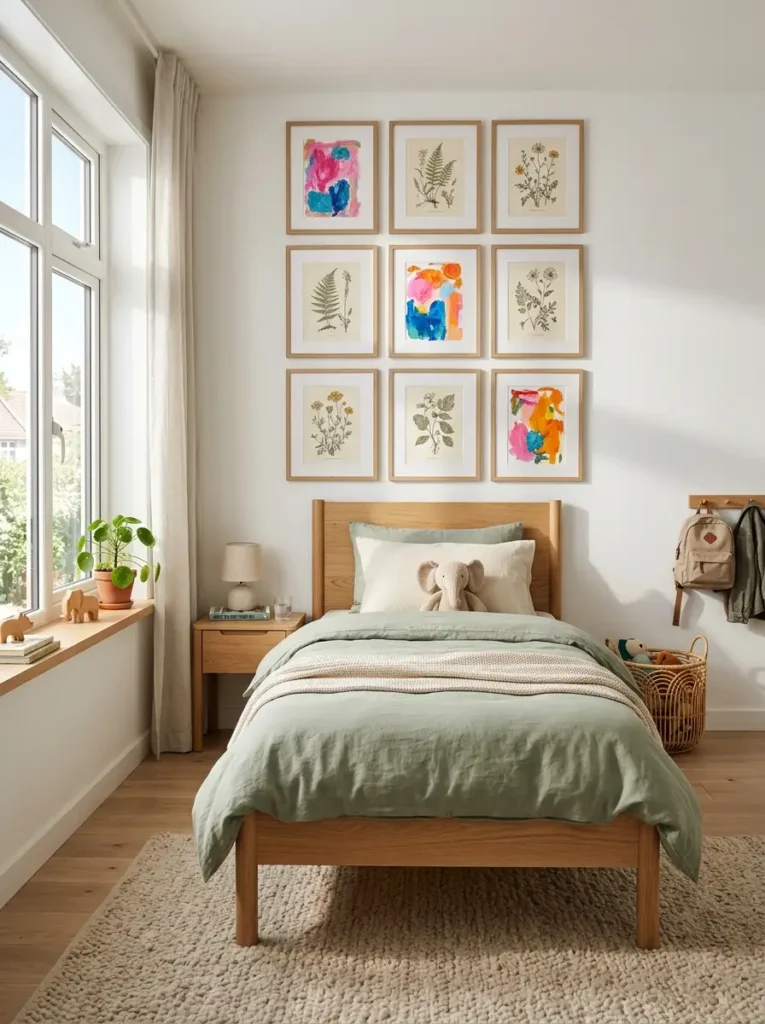 Minimalist kids bedroom gallery wall with oak frames and artwork.