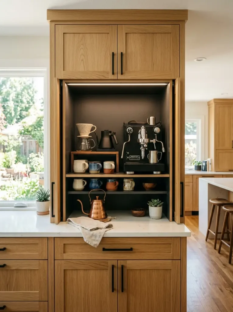 Open pocket doors revealing a modern appliance garage in a kitchen.