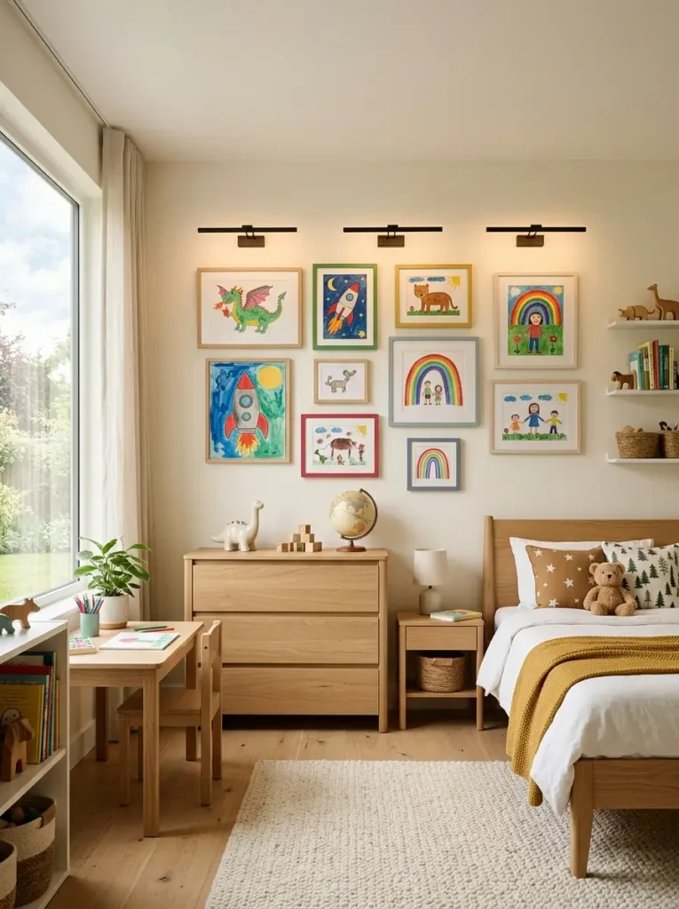 Illuminated kids bedroom gallery wall with colorful framed children's artwork.