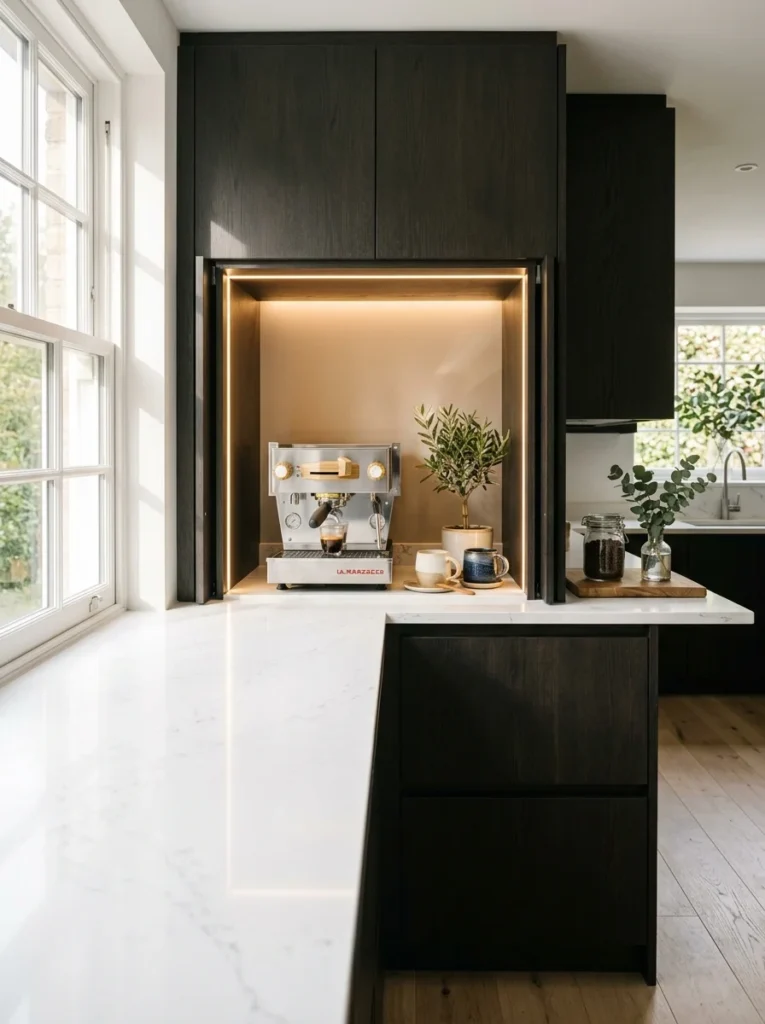 Modern appliance garage with automatic LED lighting and soft-close doors.