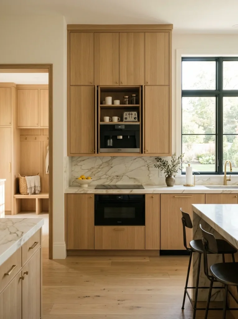 Oak modern appliance garage in a luxury bespoke kitchen.