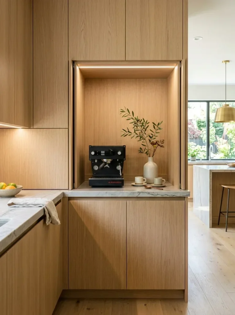 Modern appliance garage in a luxury kitchen with pocket doors.