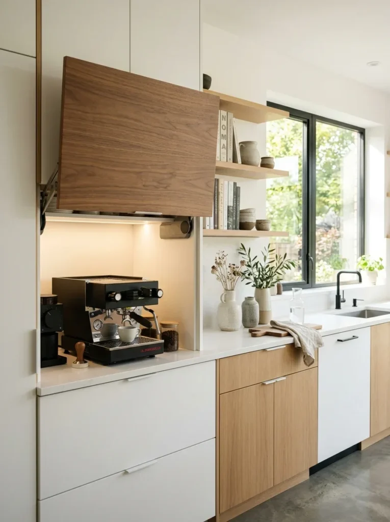 Modern appliance garage with walnut wood door in bright kitchen.