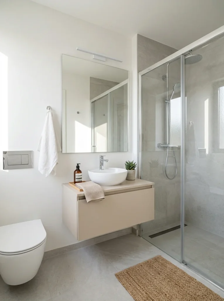 Minimalist small bathroom with light neutral colors