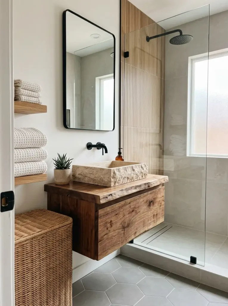 Natural wood and stone textures in modern small bathroom design.