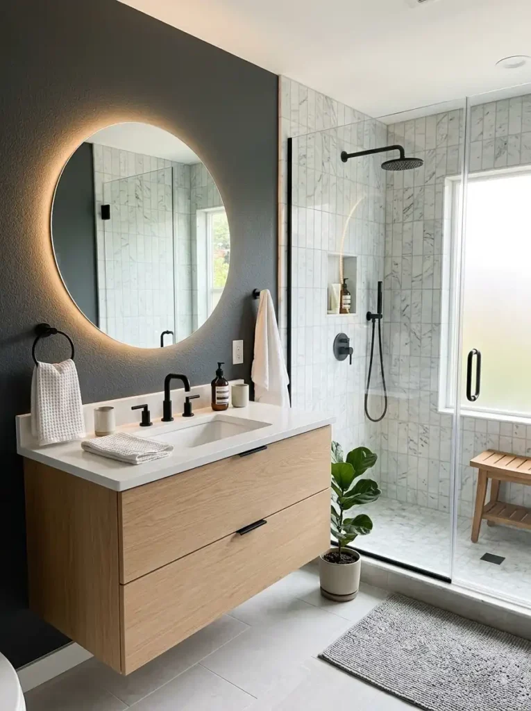 Modern small bathroom design with floating vanity and glass shower.