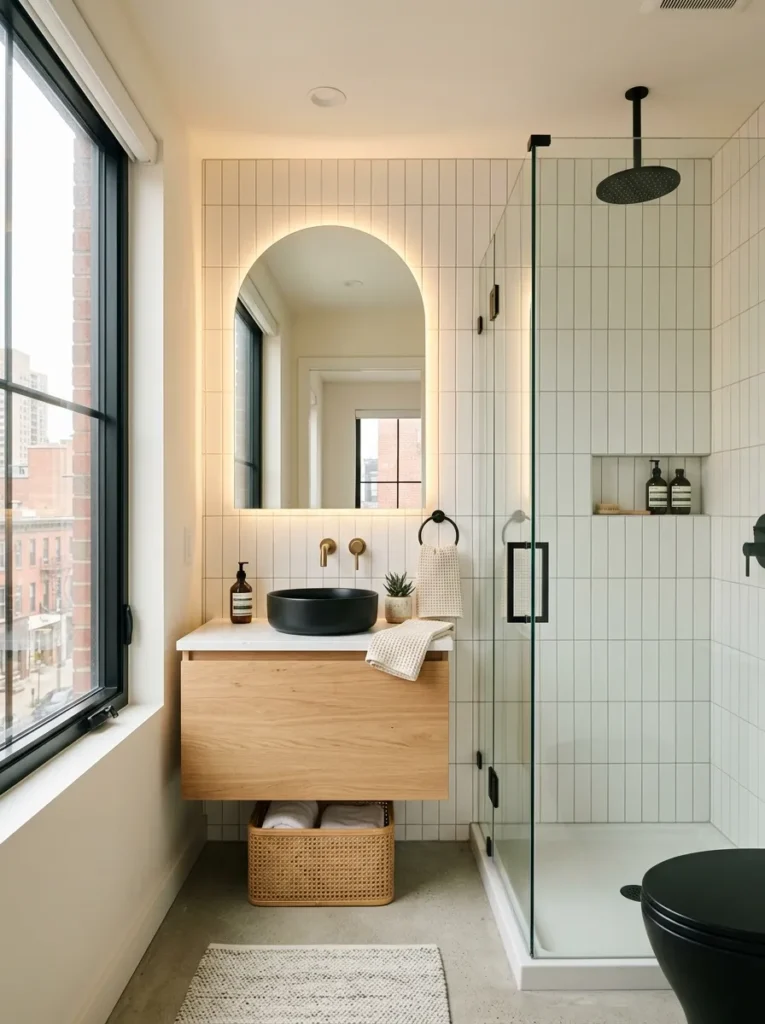 Modern small bathroom design with floating vanity and glass shower.