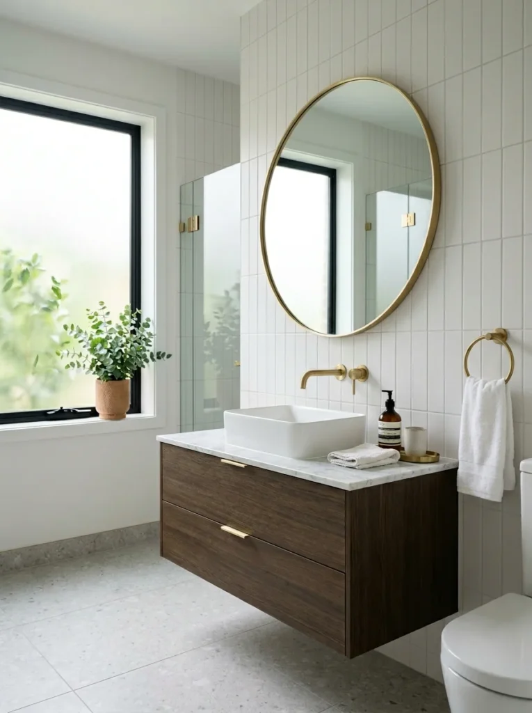Brushed brass fixtures in a modern small bathroom design.