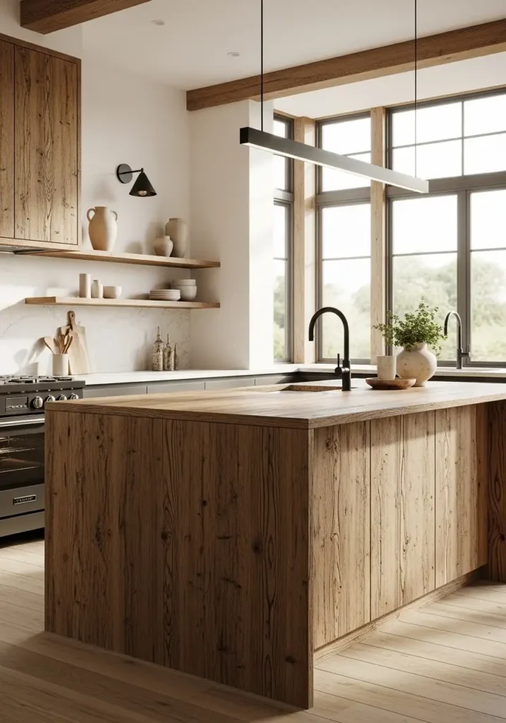 Premium salvaged wood island countertop in a sustainable kitchen decor.
