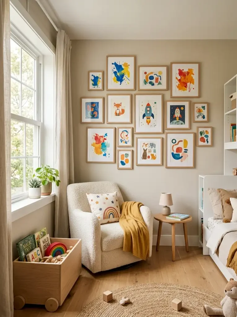 Securely anchored frames on a colorful Kids Bedroom Gallery Wall.