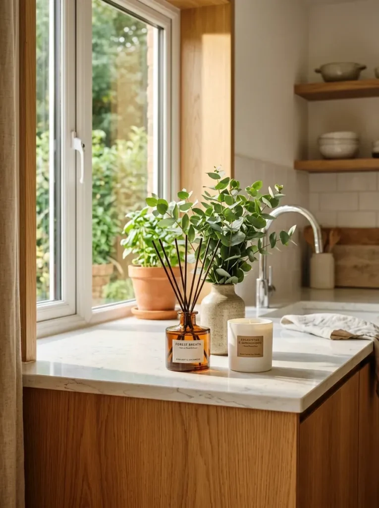 Organic home fragrance diffuser on a sustainable kitchen decor countertop.