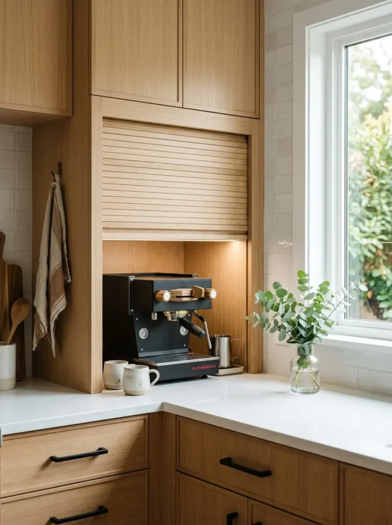 Modern appliance garage in a bright, compact oak kitchen.