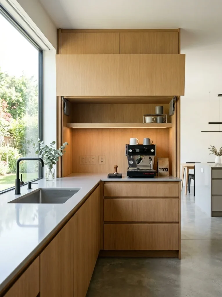 Recessed smart outlets inside a modern appliance garage with espresso machine.