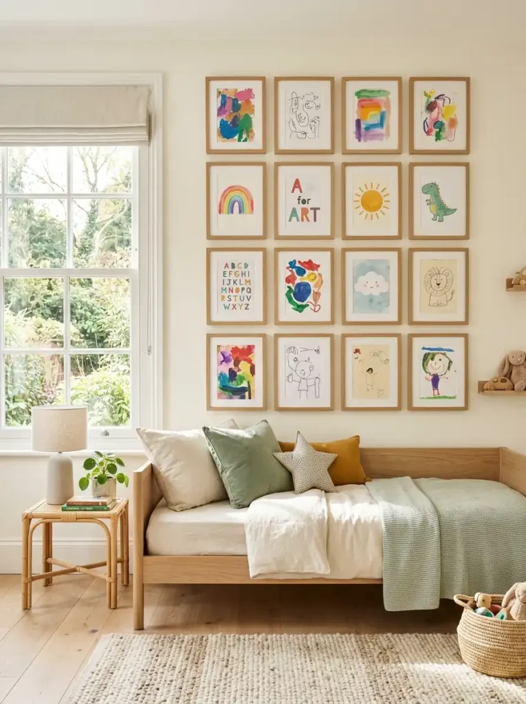 Modern kids bedroom gallery wall with natural oak frames and artwork.