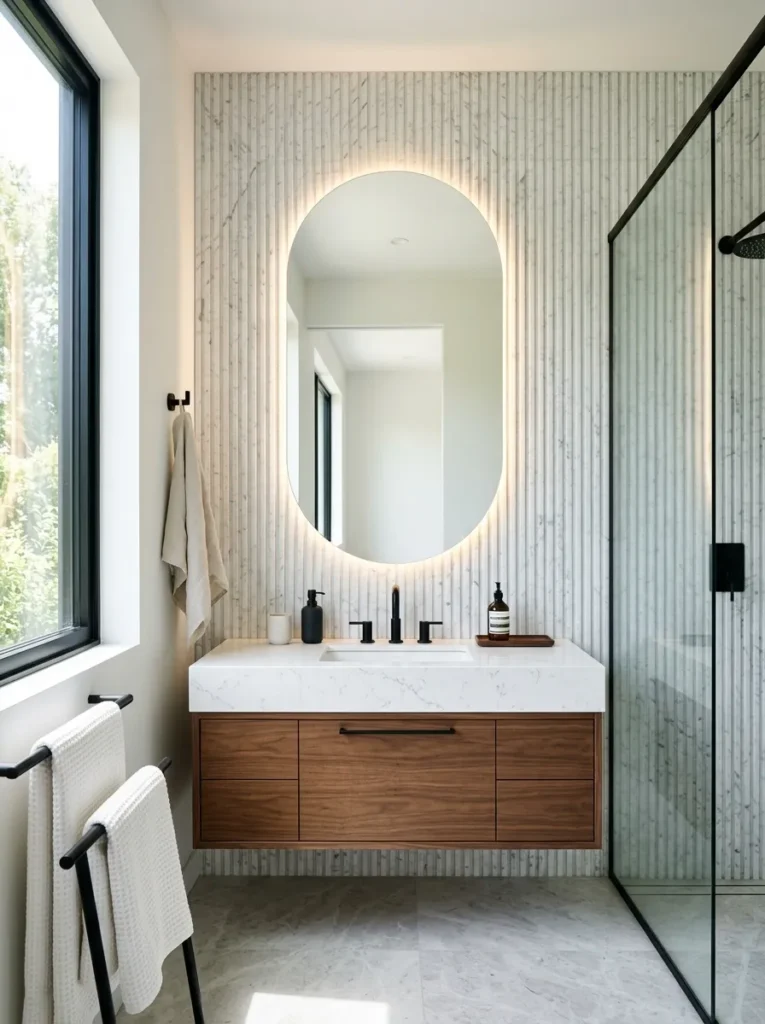 Backlit statement mirror in a Modern Small Bathroom Design.