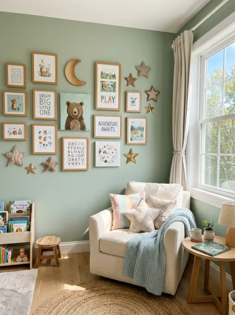 Modern kids bedroom gallery wall with colorful framed art pieces.