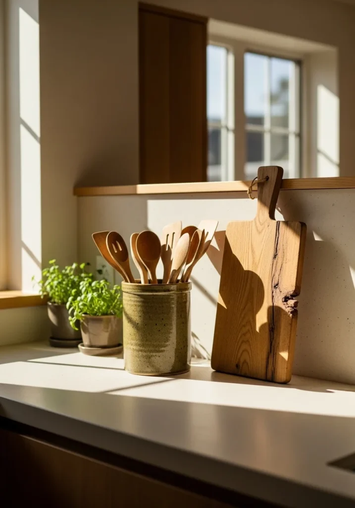 Artisan-made sustainable kitchen decor on a sunlit neutral countertop.