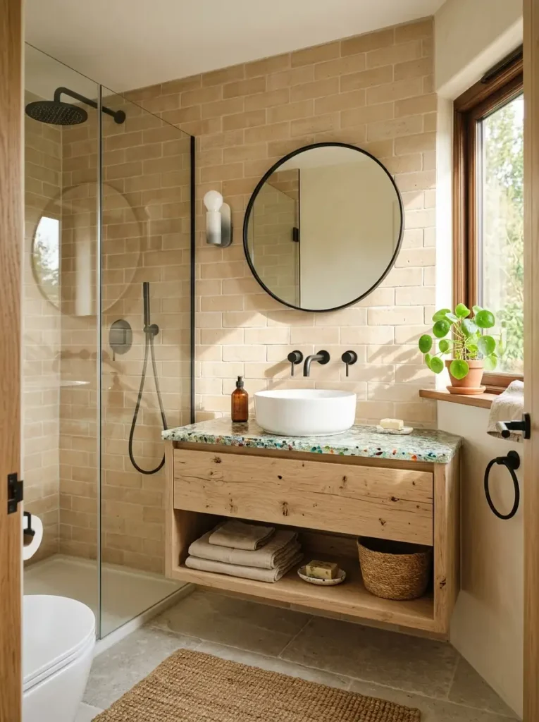Sustainable eco-friendly modern small bathroom design with reclaimed wood vanity.