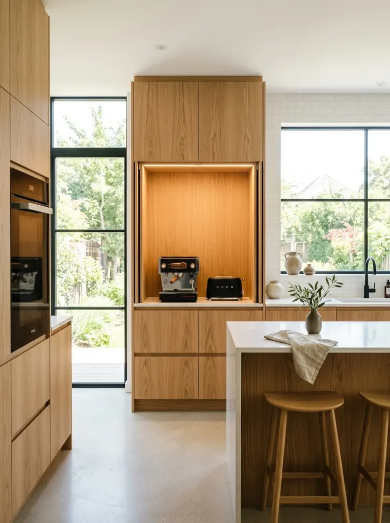 Minimalist kitchen cabinetry featuring an open modern appliance garage setup.