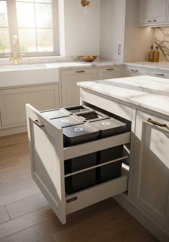 Integrated recycling bins inside custom cabinets for sustainable kitchen decor.