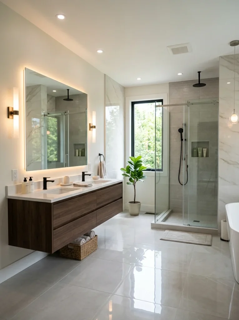 Bright modern bathroom with layered lighting design