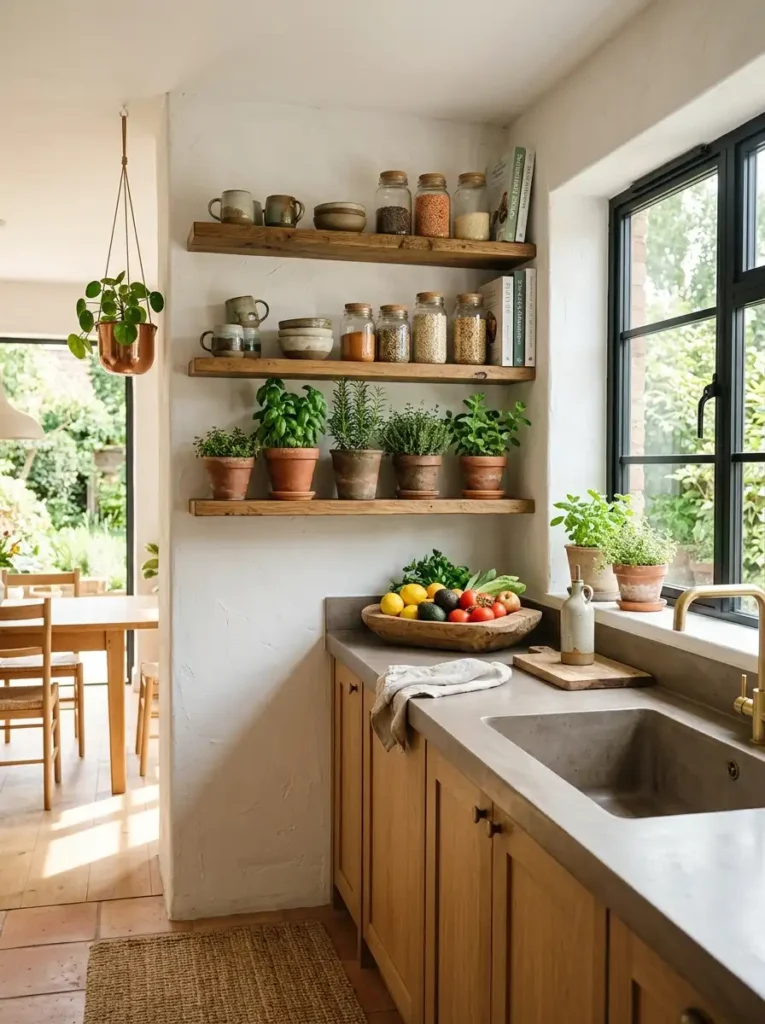 Modern kitchen featuring minimalist sustainable kitchen decor and open wooden shelving.