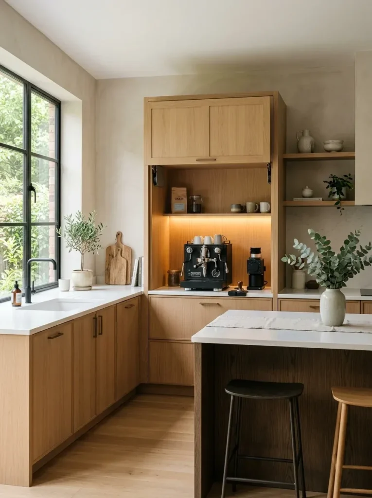 Minimalist kitchen interior featuring an open modern appliance garage.