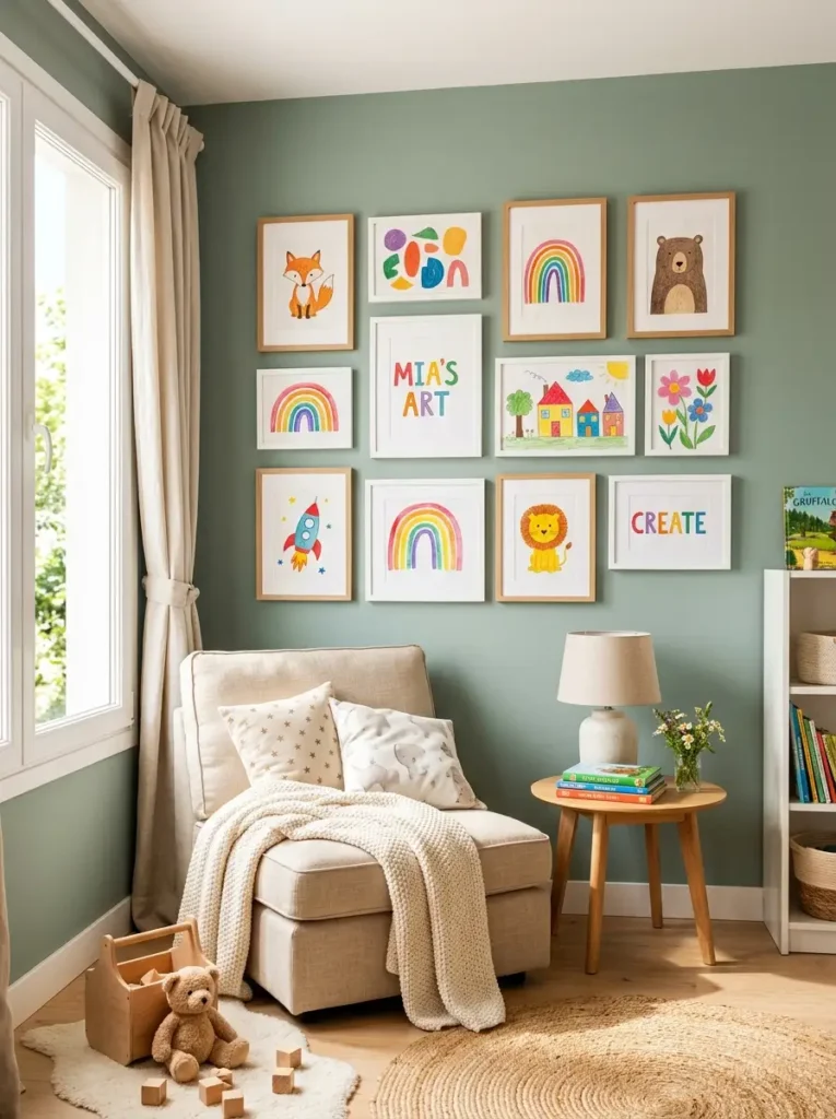 Bright kids bedroom gallery wall displaying colorful framed children's artwork.