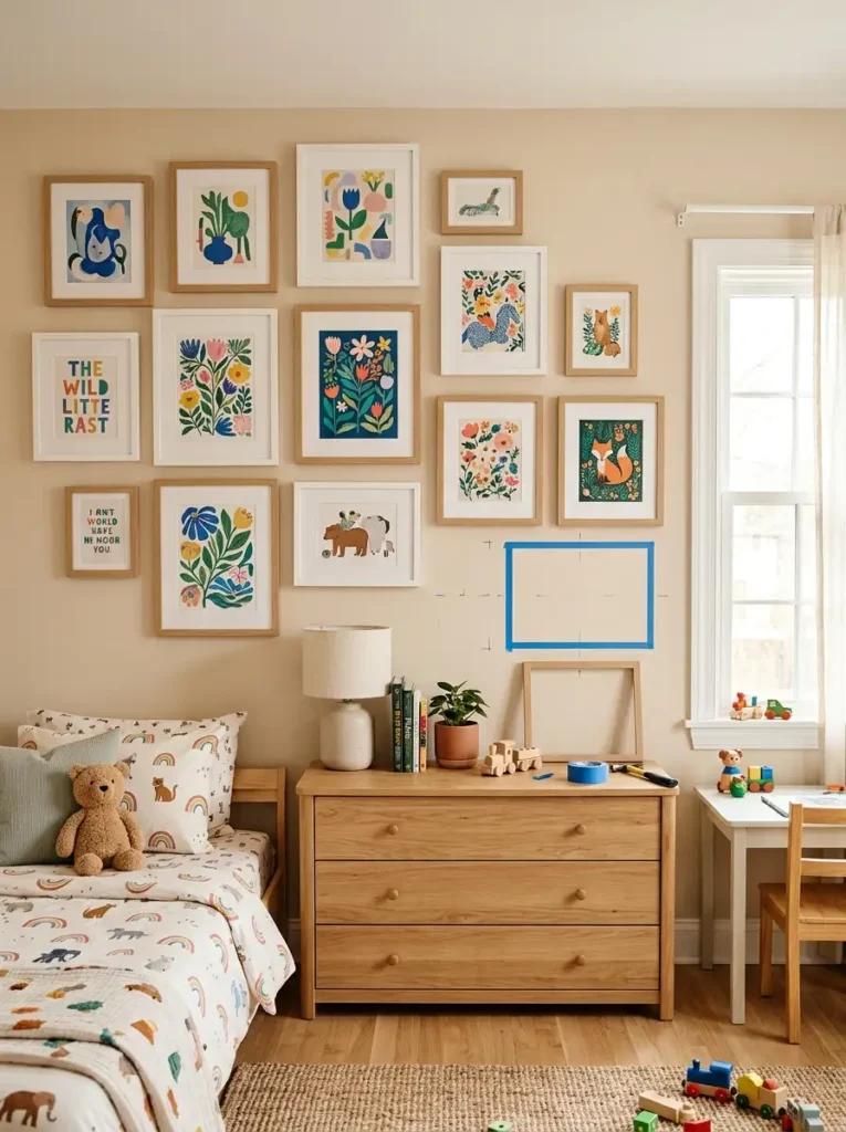 Symmetrical Kids Bedroom Gallery Wall arranged using blue painter's tape.