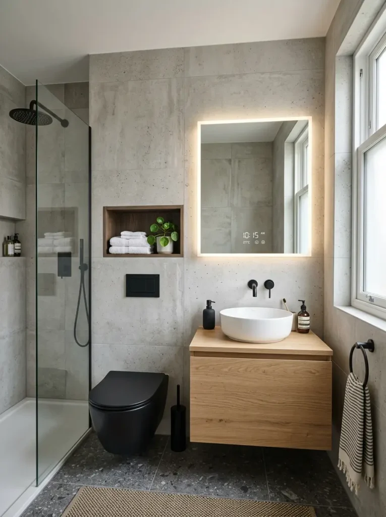 Smart mirror and touchless faucet in modern small bathroom design.