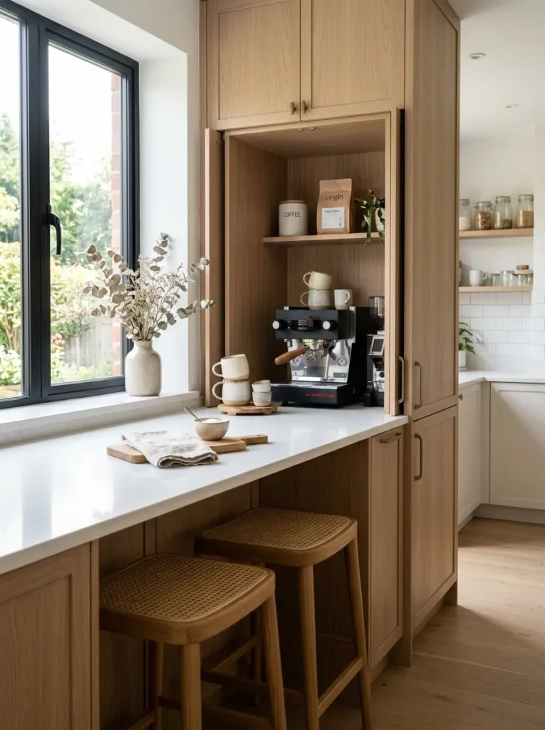 Modern appliance garage open revealing a luxury coffee station.