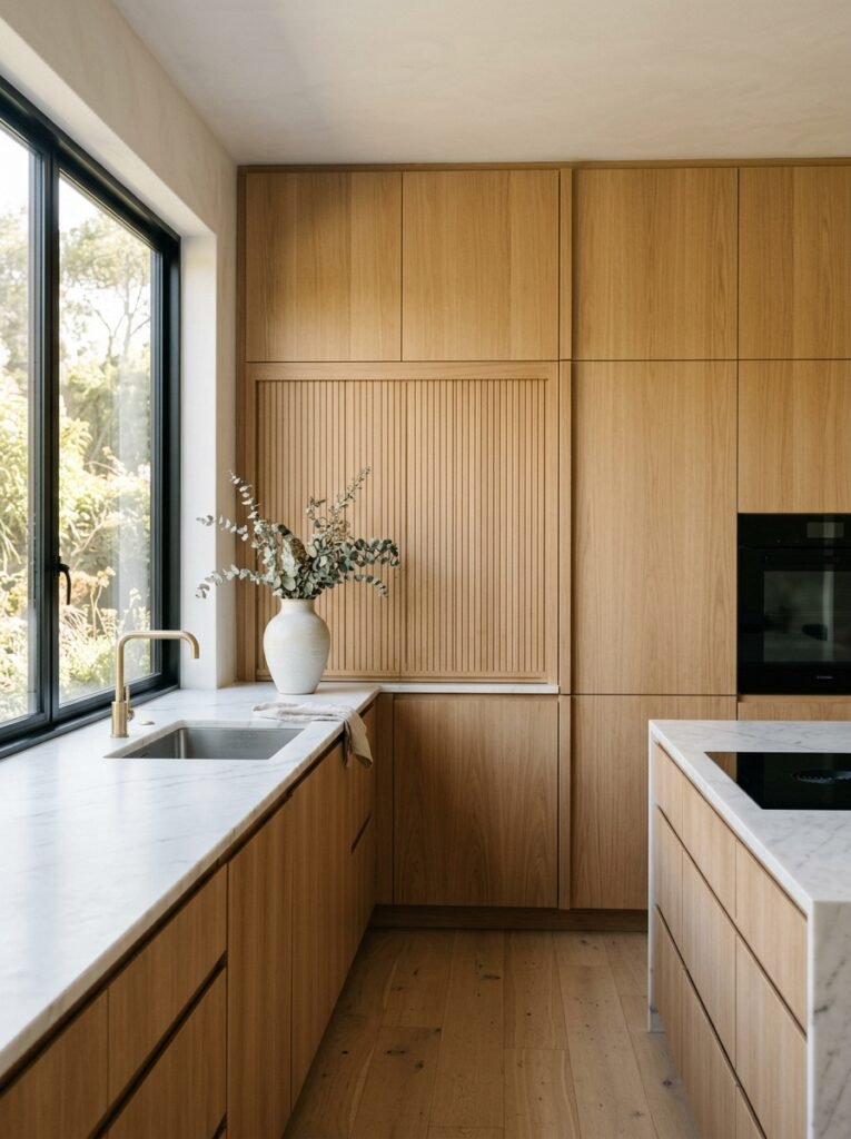 Minimalist kitchen with flush cabinetry and a modern appliance garage.