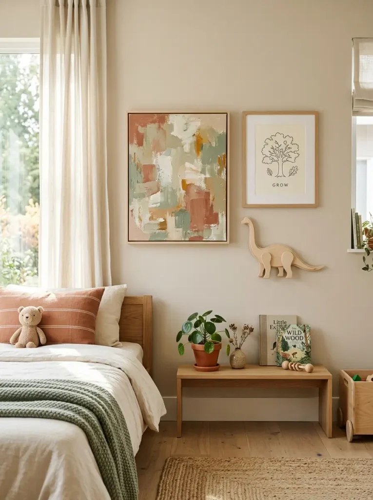 Mixed-medium artwork arranged on a creative kids bedroom gallery wall.