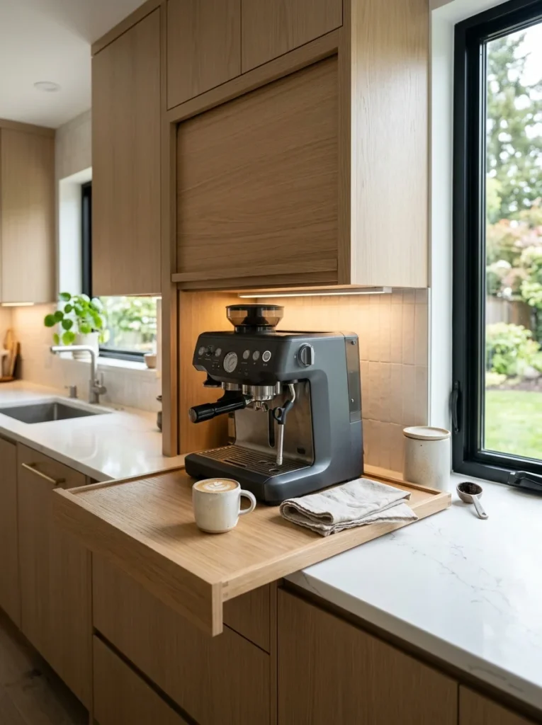 Modern appliance garage with slide-out tray and espresso machine.