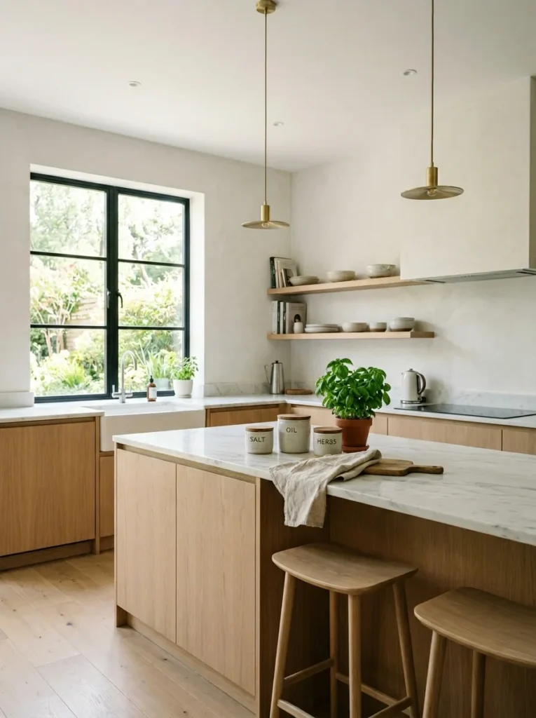 Minimalist luxury kitchen featuring sustainable kitchen decor and eco-friendly walls.