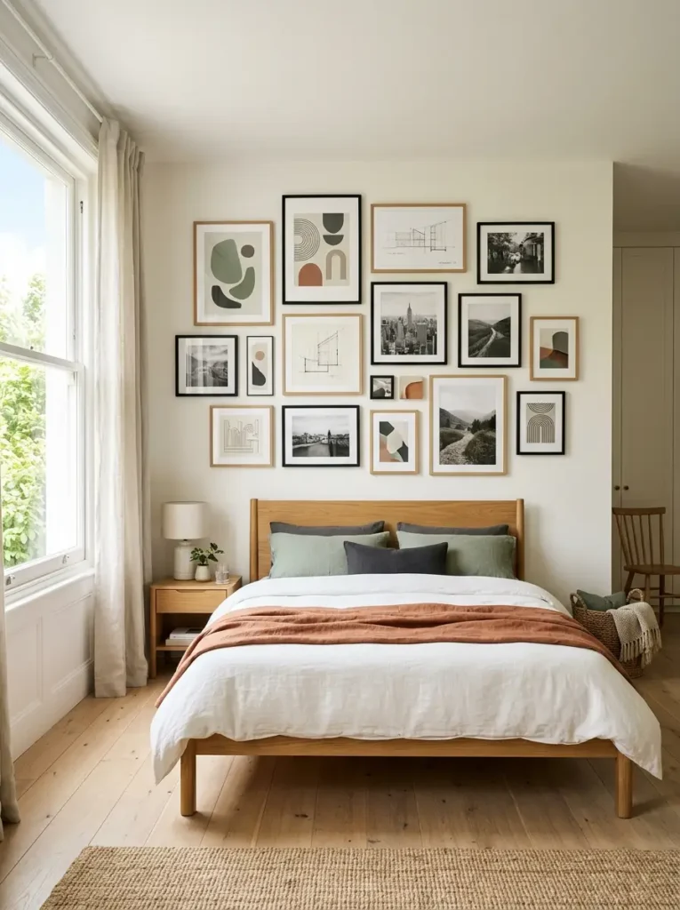 Modern kids bedroom gallery wall with interchangeable oak frames.