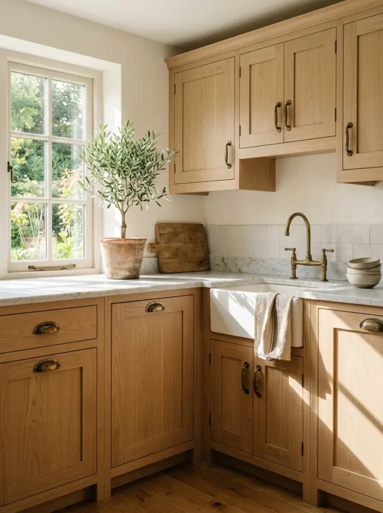 Antique brass hardware on oak cabinets for sustainable kitchen decor.