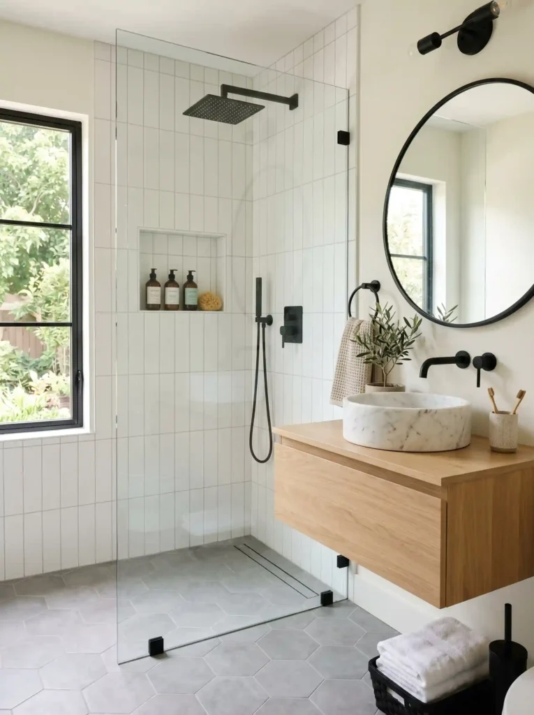 Modern small bathroom design featuring a frameless glass walk-in shower.