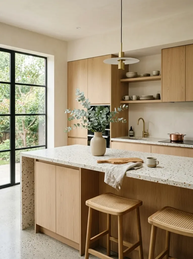 Minimalist modern kitchen featuring premium sustainable kitchen decor and wood.