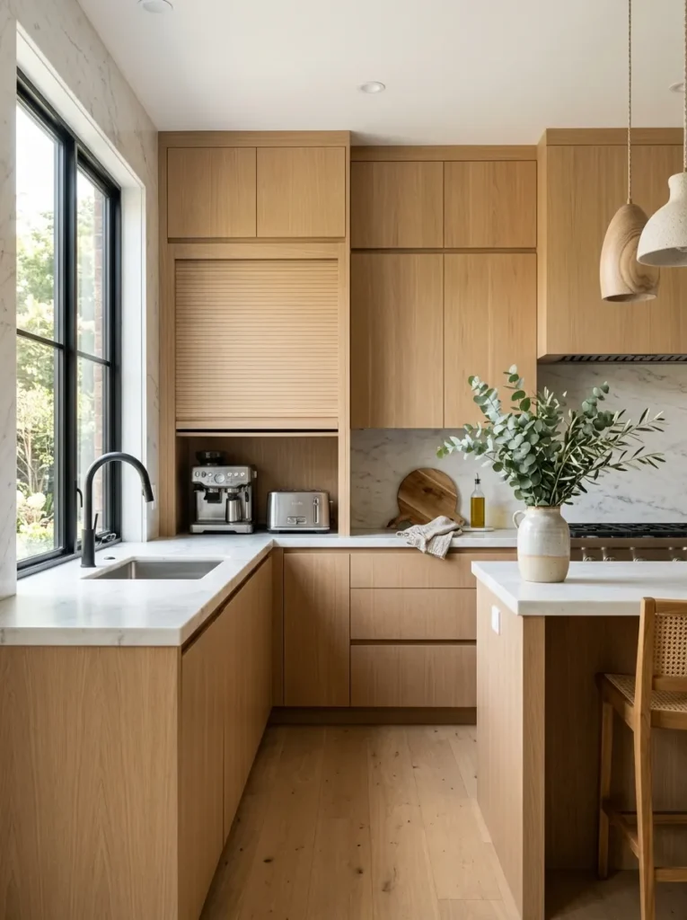Modern appliance garage in a bright, minimalist oak kitchen.