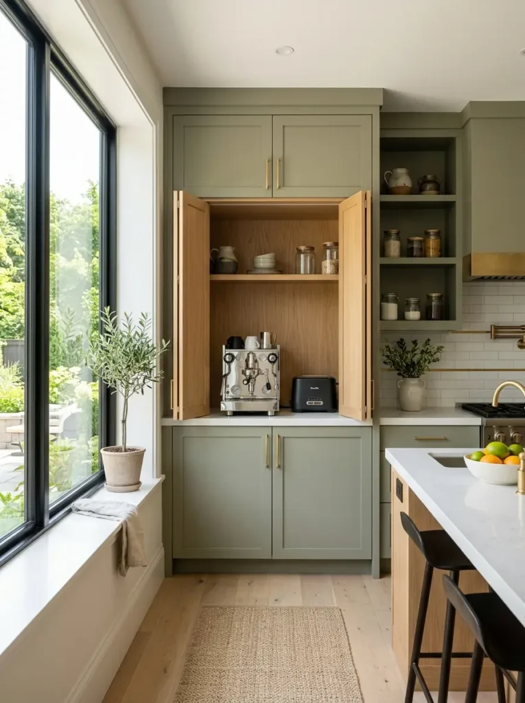 Oak bifold doors open to reveal a modern appliance garage.