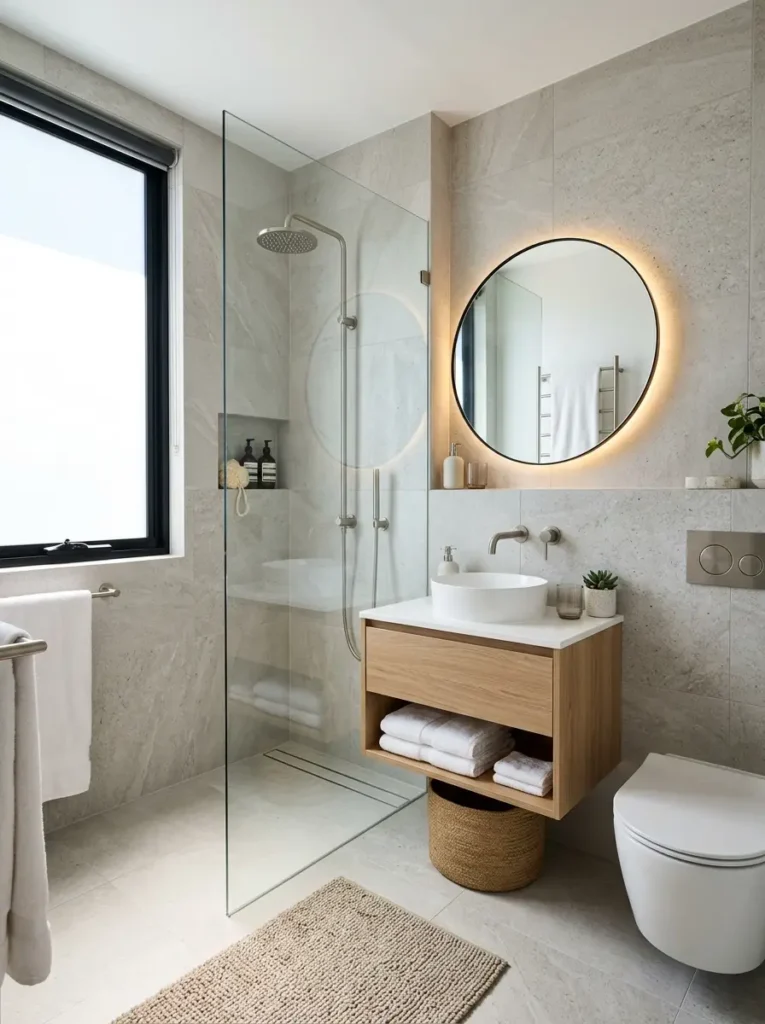 Frameless glass shower in modern bathroom