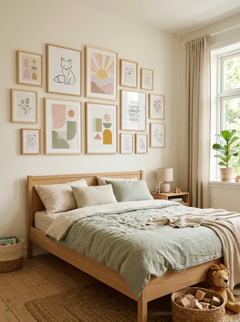 Modern kids bedroom gallery wall featuring minimalist pastel art prints.
