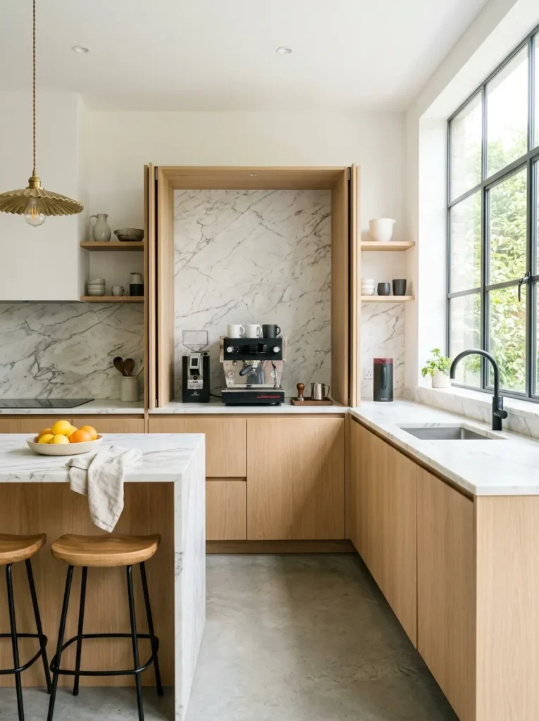 Sleek modern appliance garage in a luxury minimalist kitchen.